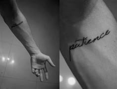 two pictures showing the same person's arm and hand with their name tattooed on it