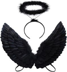 a black headband with feathers on it and an angel's wings attached to the side