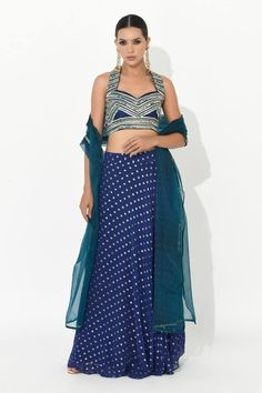 Blue Dotted Georgette Embroidered Mirror Sweetheart Polka Embellished Sangeet Outfits Layered Lehenga, Mehendi Outfits, Dot Patterns, Embellished Skirt, Organza Flowers, Satin Blouses