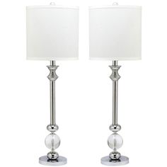 pair of chrome finish table lamps with white linen shades