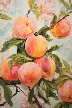 an oil painting of peaches on a branch