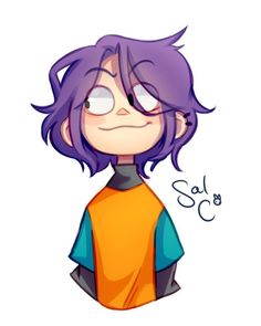 a cartoon character with purple hair and blue eyes, wearing an orange t - shirt