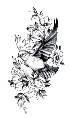 a black and white drawing of a bird with flowers