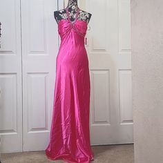 Hot Pink Long Satin Gown With Rhinestone And Beaded Embellished Halter Straps. Double Lined And Has Back Zipper. Vintage Purchased From Sears. Never Worn But Does Have A Snag/Run On The Back, See Close Up Picture. Brand Is B. Darling, Junior Size 7/8. Vintage Pink Prom Dress, Prom Dresses 2000, Hot Pink Gown, Vintage Prom Dresses 90s, Blue Sequin Prom Dress, 90s Prom Dress, Dresses 90s, Pink Evening Gowns, Prom Dresses Long Pink