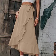 Solid Ruffle Hem Wrap Knot Side Skirt, New Never Worn Wrap Skirt With Ruffles, How To Make Ruffles, Wrap Skirt Pattern, Ruffle Wrap Skirt, Shein Skirts, Long Wrap Skirt, Wrap Midi Skirt, Ruffle Hem Skirt, Skirt Wrap