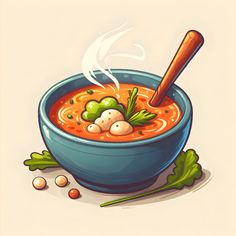 a blue bowl filled with soup and vegetables