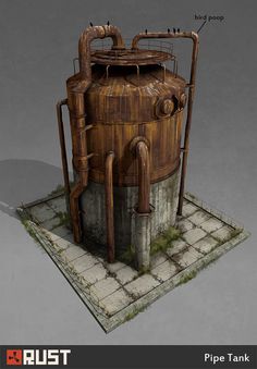 an old rusty water tank with pipes on top