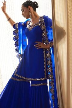 Shop for Vvani by Vani Vats Blue Georgette Straight Kurta Sharara Set for Women Online at Aza Fashions Royal Blue Indian Suit, Blue Suit Wedding Women, Blue Suits Women Indian, Royal Blue Sharara, Royal Blue Indian Outfit, Blue Sharara Suit, Blue Sharara, Vani Vats, Georgette Sharara