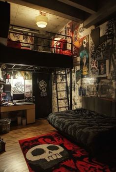 a bedroom with a loft bed in the middle and lots of pictures on the wall