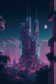 futuristic cityscape with neon lights and skyscrapers