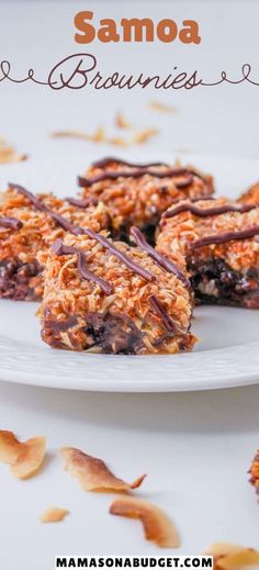 chocolate and oatmeal brownies on a white plate with text overlay