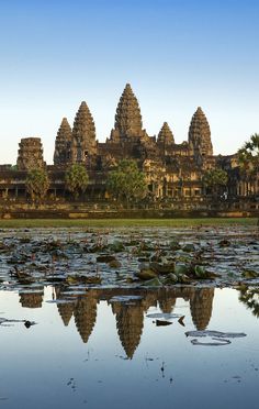 an image of a large building in the middle of water with lily pads floating on it