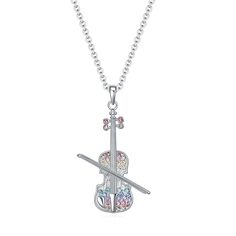 a violin pendant with multicolored crystals hanging from it's neck chain on a white background