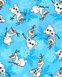 a blue background with cartoon characters and snowflakes