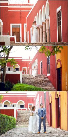 the bride and groom are posing for pictures in front of their red building with stairs leading up to them