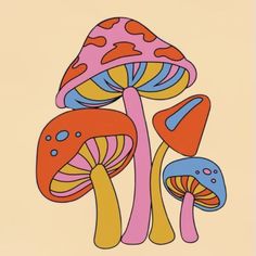 a drawing of three different colored mushrooms