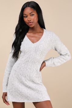 Grab your cutest booties and layer up your look with the Lulus Snuggly Chic Grey Cable Knit Long Sleeve Sweater Mini Dress! Soft and stretchy cable knit (with a heathered effect throughout) shapes this effortless sweater dress that has long sleeves and a bodice with a V-neckline. Fit-and-flare silhouette hugs the waist and falls to a mini hem. Ribbed knit accents the neckline and cuffs. Fit: This garment fits true to size. Length: Mid-thigh. Size medium measures 31.75" from shoulder to hem. Bust Chunky Sweater Dress, Sweater Mini Dress, Mini Dress Long Sleeve, Long Sleeve Knit Dress, Mini Sweater Dress, Knit Long Sleeve, Knit Mini Dress, Knit Sweater Dress, Large Size Dresses