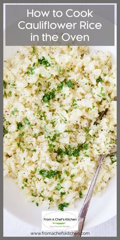 Cooked riced cauliflower in oval white serving bowl with serving spoon garnished with fresh parsley. Cook Cauliflower Rice, Cook Cauliflower, Lime Cauliflower Rice, Rice In The Oven, Cauliflower Rice Easy, How To Cook Cauliflower, Cilantro Lime Cauliflower Rice, Broiled Chicken Breast, How To Make Cauliflower