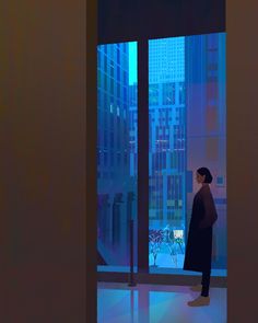 a woman standing in front of a window looking out at the cityscape and skyscrapers