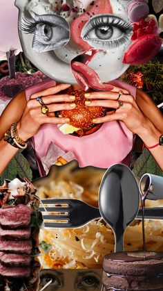 a collage of food and people's face with their hands on the plate