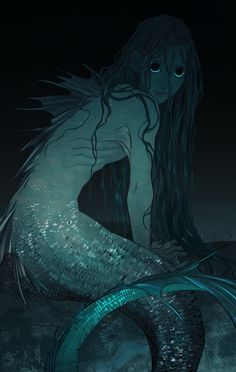 a mermaid with long hair sitting on the ground in the ocean at night, holding her tail