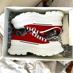 Questions? Leave A Comment Below! Balenciaga Arena, Mcqueen Shoes, Alexander Mcqueen Shoes, Sneakers White, Mens Shoes Sneakers, Leave A Comment, Alexander Mcqueen, Balenciaga, Red White