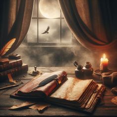 an open book sitting on top of a wooden table next to a candle and some books