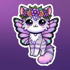 a cat with flowers on its head and butterfly wings, sitting in front of a purple background