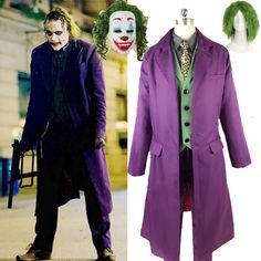 the joker cosplay costume is shown next to an image of it's purple suit