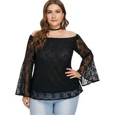 Plus Size Flare Sleeve Lace Top - Black - 3K88527112 - Original Design-Women's Clothing  #OriginalDesignWomensClothing #Original #DesignWomen's #Clothing Off The Shoulder Plus Size, Lace Top Black, Bell Top, Lace Bell Sleeve Top, Plus Size Clothing Stores, Sale Off, Women Dresses Classy, Feminine Chic, Black Lace Tops