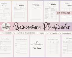 the spanish planner is displayed on a pink and purple background with text that reads, quince