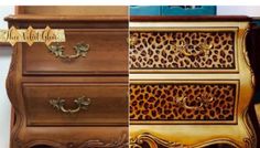 an old dresser has been painted with leopard print