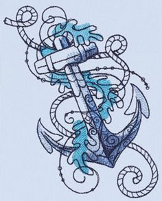 an anchor and rope tattoo design on a white paper with blue watercolor inks