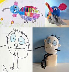 four different pictures with drawings and stuffed animals