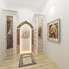 the hallway is decorated in white and features intricate archways, framed artwork, and wooden flooring