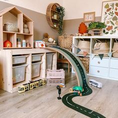 a toy train track in the middle of a play room