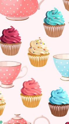 cupcakes and tea cups on a pink background