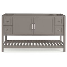 a gray bathroom vanity with two drawers and one shelf on the bottom, in front of a white background