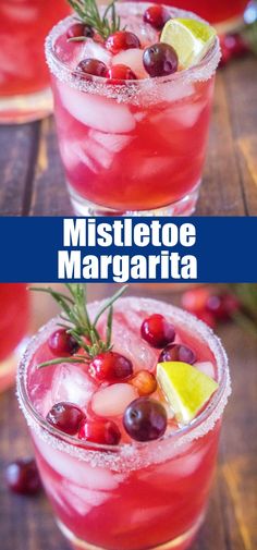 two glasses filled with cranberry margaritas and garnished with rosemary