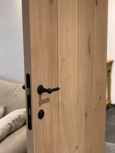 a wooden door with black handles and knobs in a living room next to a couch