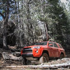 an orange truck is driving through the woods