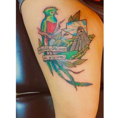 a colorful tattoo on the leg of a woman with a bird sitting on top of it