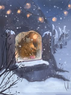 an illustration of a hedgehog looking out the window at snow falling on it's roof