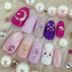 Sailor Moon Nails Art, Sailormoon Nail Design, Luxury Nails Design, Uñas Sailor Moon, Asian Nails