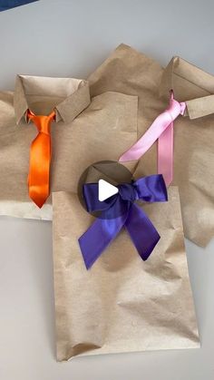 a brown paper bag with two different colored ties on it