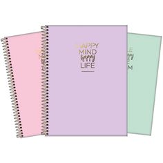 three spiral notebooks with the words happy mind, happy life written on them