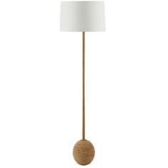 a floor lamp with a white shade on the base and a wooden ball at the bottom