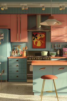 a kitchen with pink and blue cabinets, an island counter top and two stools