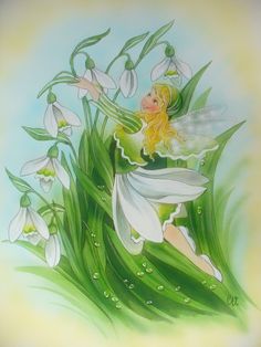 a painting of a fairy sitting in the grass with white flowers and water drops on her body