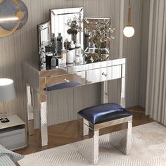 a mirrored vanity table with a stool and mirror on the wall next to it in a living room